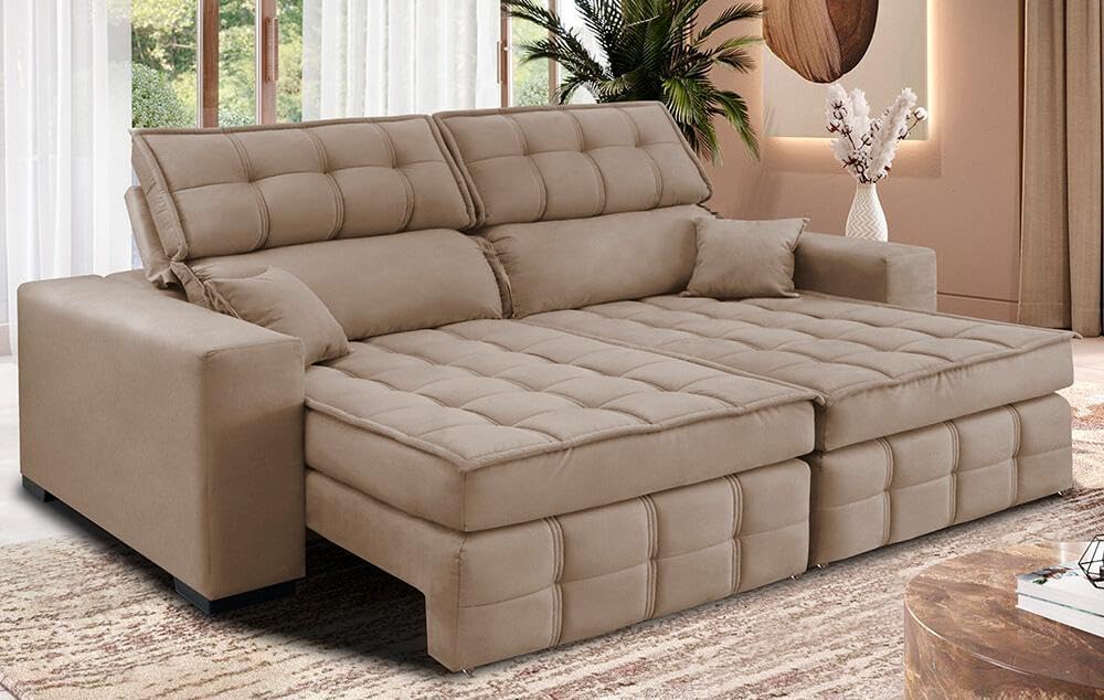Sofá Retrátil e Reclinável com Molas Ensacadas Cama Inbox Nobre Suede Bege (Costura Tripla)