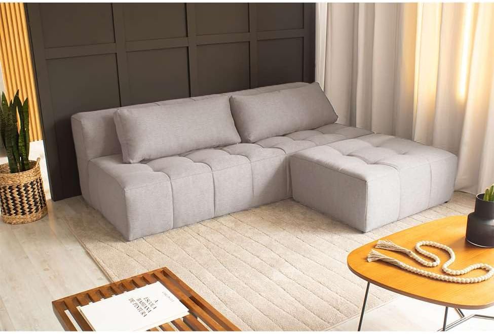 Sofá Modular 3 Lugares com Puff Soho Linho Cru